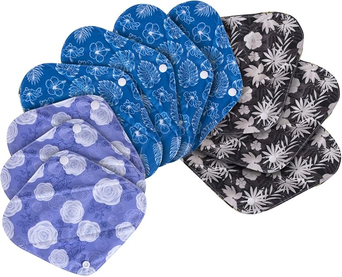 Teamoy Reusable Menstrual Pads, Cloth Sanitary Pad, Panty Liners, Plant | Washable Pads with Charcoal Absorbency Layers, Soft and Comfortable, 10 Pcs Pad with 1 Wet Bag, 3pcs×7.9"+4pcs×10"+3pcs×11.6"