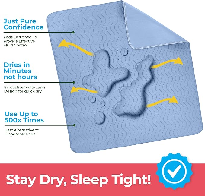Utopia Bedding Washable Underpads 34" x 52" (Pack of 4), Waterproof Reusable Heavy Absorbency Incontinence Bed Pads for Adults, Kids, Elderly and Pets, Bedwetting Pads for Sofa and Couch (Blue)