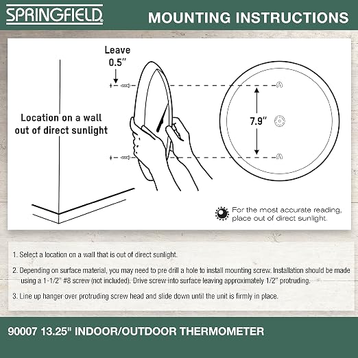 Springfield Indoor Outdoor Big and Bold Thermometer with Mounting Bracket, Easy to Read Numbers for Patio, Pool, and Indoor Areas, 13.25-Inch, White