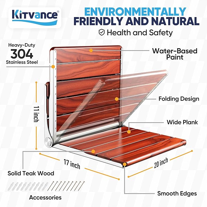 [Upgraded Version] 20" ADA Compliant Folding Teak Shower Seat Wall Mounted - Larger Teak Shower Bench, Home Care Folding Shower Seat for Inside Shower, Wall Mount Shower Chair Shower Stool, Max 400lb