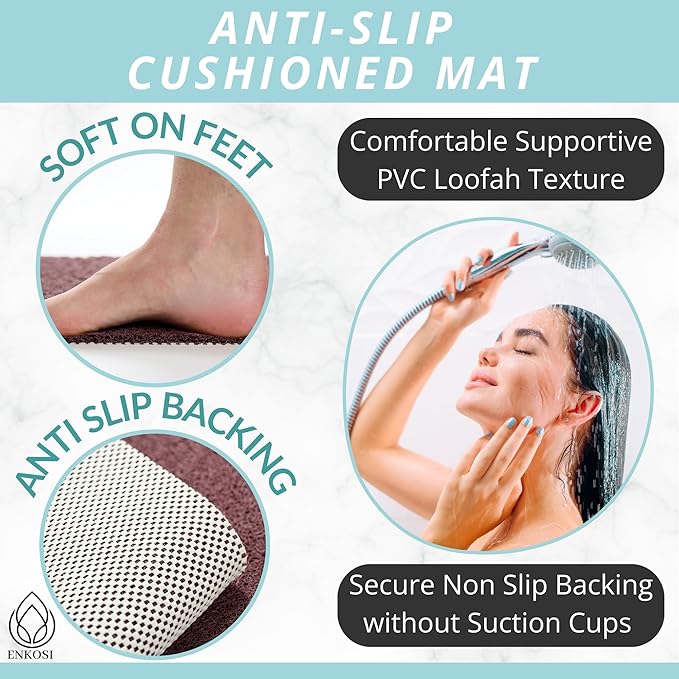 Soft Shower Mat Non Slip - PVC Loofah Inside or Outside Showers, Bathtubs, Bathrooms, and Wet Areas - Safe for Textured Tiled and Smooth Floor - No Suction Cups Secure Anti Slip (Brown 24 x 47)