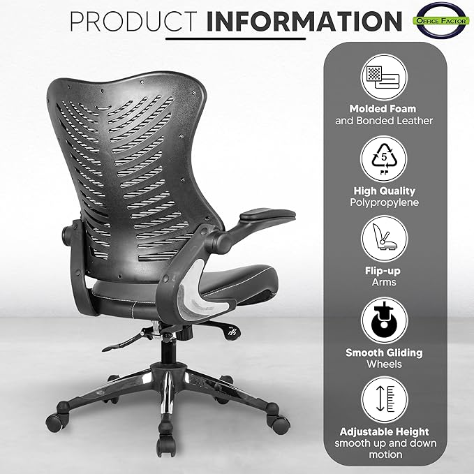 Officefactor Ergonomic Breathable Mesh Chair with Flip-up Armrests, Lumbar Support Executive Rolling Swivel Task Computer Office Chair or Home Desk Chair (Black MESH)