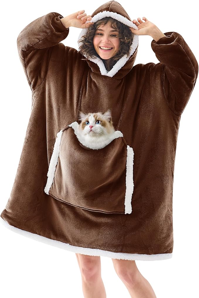 JOYWOO Brown Wearable Blanket Hoodie,Oversized Cat Lovers Sweatshirt Blanket for Adult,Birthday Gifts for Women Men Grandpa,Cozy Fuzzy Sherpa Hooded Blanket with Giant Pocket and Winter Gifts,Standard
