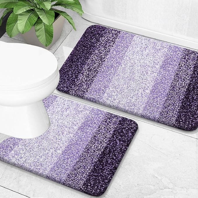 OLANLY Bathroom Rug Set 2 Piece, Soft Absorbent Microfiber Bath Mats and U-Shaped Contour Toilet Rug, Non-Slip, Machine Wash Dry, Plush Shaggy Bath Mats for Bathroom (24"x16"+U24 x20, Violet)