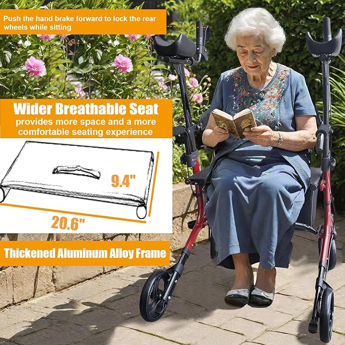 Aliseniors Upright Walker, Stand Up Rollator Walker with Seat, Foldable 4 Wheel Rolling Walker, Medical Aluminum Walkers for Seniors, Adjustable Padded Armrests, 8" Wheels, Supports 300lbs, Red