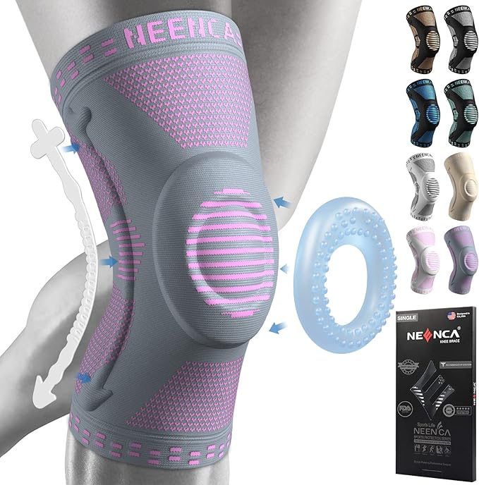 NEENCA Professional Knee Brace for Pain Relief, Medical Knee Support with Patella Pad & Side Stabilizers, Compression Knee Sleeve for Meniscus Tear, ACL, Joint Pain, Runner, Workout (Pink Gray, S)