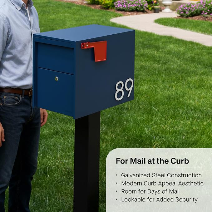 Adoorn Lockable Post Mount Mailboxes for Outside - Large Anti-Theft Locking Mailbox for Packages and Letters - Weatherproof Construction - Durable Steel - 15.5" H x 12" W x 18.5" D - Navy