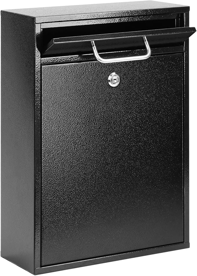 KYODOLED Steel Key Lock Mail Boxes Outdoor, Locking Wall Mount Mailbox, Security Lock Drop Box, Collection Boxes for Home, Office or Commercial,16.2H x 11.2L x 4.6W Inches, Black X Large