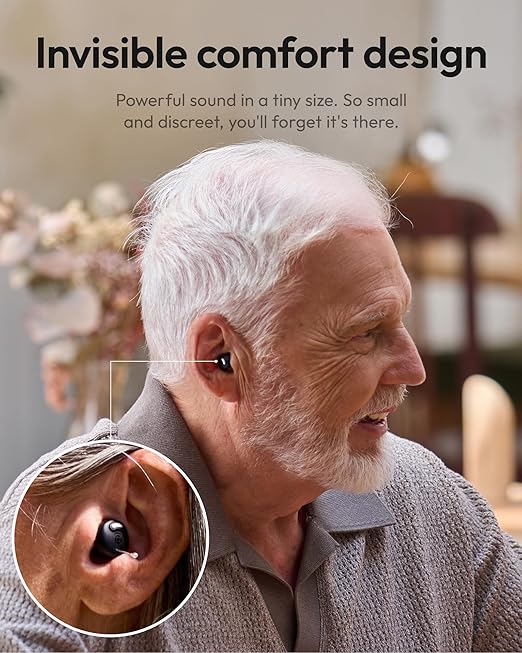 Nano Case Control OTC Hearing Aids Rechargeable, 3 Hearing Programs Feedback Cancellation Noise Reduction 54 Hours Battery Comfort-Fit ITC Design, Starlight Color