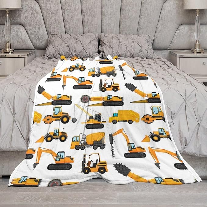 Excavators Construction Blanket Gifts for Yellow Trucks Lover 60 x 50 Inch for Teen,Excavators Trucks Fannel Fleece Throw Blanket Super Soft Throws Blanket for Bed Couch Sofa