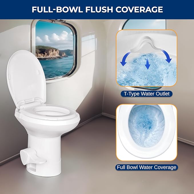 SereneLife RV Gravity Flush Toilet with Foot Pedal and Hand Sprayer | T-Type Full-Bowl Flush Coverage With Odor-Resistant Sealing For RVs, Boats, Campers, Trailers And Marine Bathrooms
