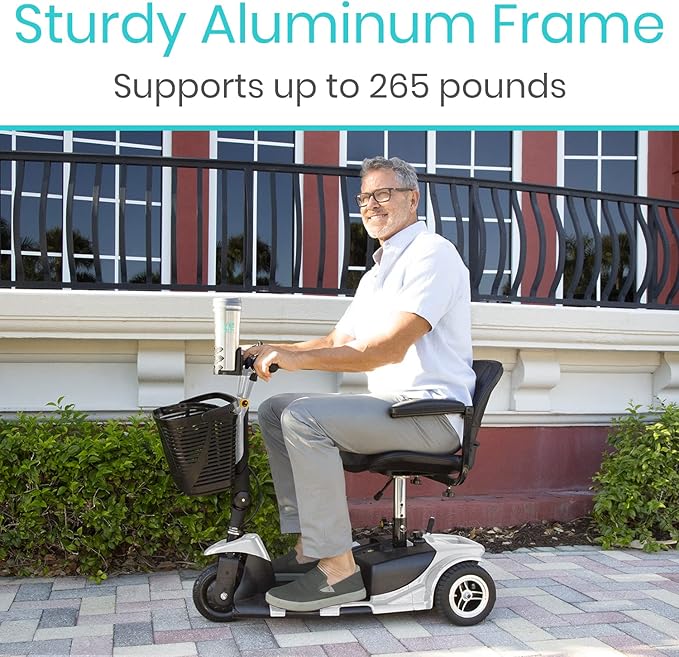Vive 3 Wheel Mobility Scooter - Electric Powered Mobile Wheelchair Device for Adults - Folding, Collapsible and Compact for Travel - Long Range Power Extended Battery with Charger and Basket Included