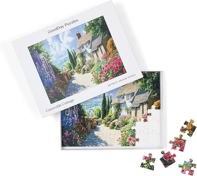 Large Piece Jigsaw Puzzle – Easy & Colorful, Dementia & Memory Activities for Seniors, Elderly Gifts, 48 Pieces, Cotswolds Cottage