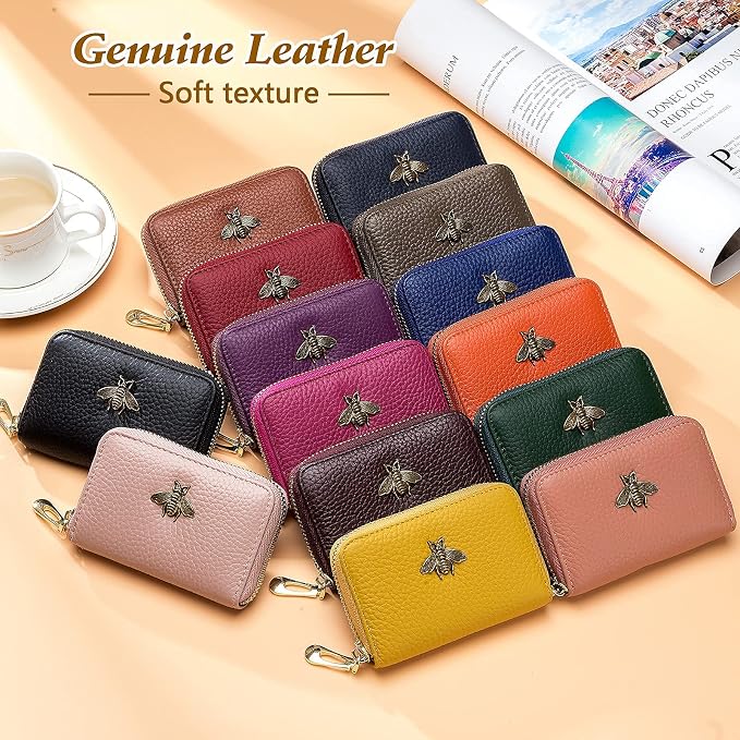 imeetu RFID Credit Card Holder, Small Card Wallet Women, Leather Card Case | Genuine Leather Women's Card & id Cases, Change Coin Purse with Zipper Keychain id Window, 20 Colors & 3 Styles, Daily, Gifts