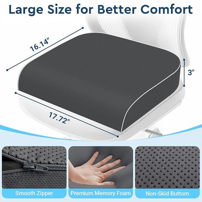 Seat Cushion, Memory Foam Office Chair Cushion, Gray, Large | Office Desk Accessories, Butt Pillow for Long Sitting Sciatica, Coccyx, Tailbone, Hip Pain Relief - for Home, Car, Airplane