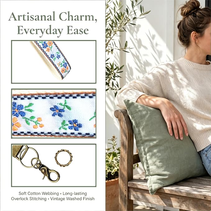 Boho Vintage Embroidered Floral plant Wristlet Keychain for Women | Cute Lanyard&Antique Brass Clasp, Lightweight Hands-Free Key Holder for keys,purses,handbags and daily outdoor use for ladies