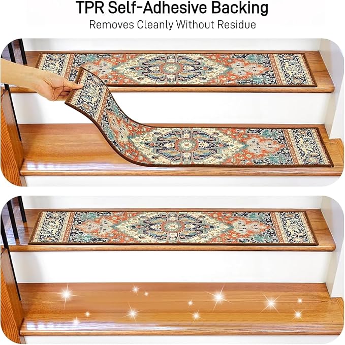 GIB Stair Treads for Wooden Steps Indoor, 15 Pack 8" X 30" Non Slip Carpet Stair Treads with Reusable Adhesive for Kids Elders and Dogs, Boho Vintage Oriental Stair Runner
