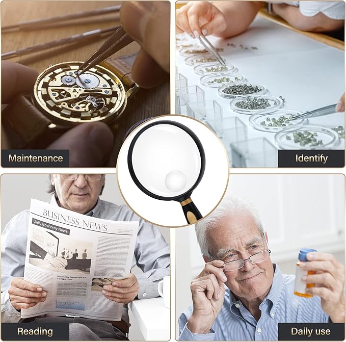 Feosky Handheld Reading Magnifier, 10X Magnifier, 75mm Shatterproof Lens, Non-Slip Handle for Adults Close Work, Seniors Reading and Nature Exploration, Hobby Observation(Gold)