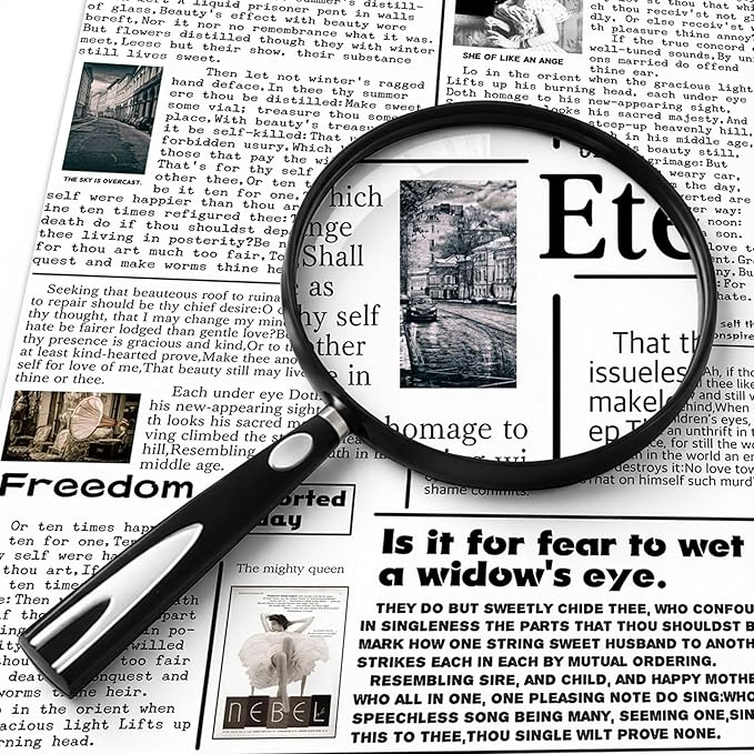 Feosky Handheld Reading Magnifier, 10X Magnifier, 130mm Shatterproof Lens, Non-Slip Handle for Adults Close Work, Seniors Reading and Nature Exploration, Hobby Observation(Silver/Black)