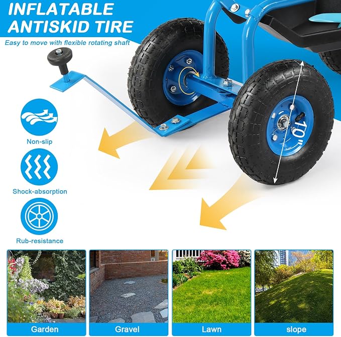 VINGLI Garden Cart with Rolling Seat, Wheels, Steering Handle & Utility Tool Tray, Planting Wagon Scooter, Gardening Tool for Senior, for Patio, Backyard, Lawn & Outdoor (Blue)