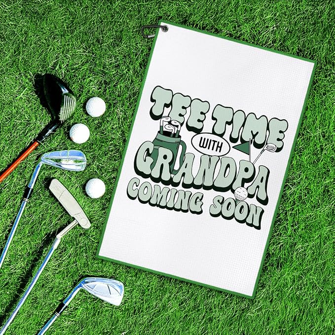 DYJYBMY Tee Time with Grandpa Coming Soon Printed Golf Towel with Clip, Golf Accessories for Papa, Retirement Golfing Gifts for Men Grandpa Dad Family, Funny Birthday Thank You Gifts for Golfer