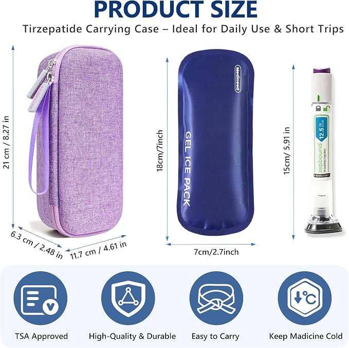 Portable Insulated Cooler Travel Case Fits 1 Zepbound Injector Pens, Tirzepatide Travel Case TSA Approved with 1PCS Reusable Ice Packs, EVA Medicine Organizer for Daily Use (Purple, Small)
