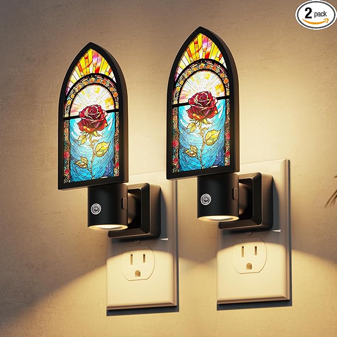 L LOHAS LED Night Lights Plug into Wall, Gothic Night Light with Light Sensor, 3000K Soft White, 0-100LM Adjustable Brightness, Acrylic Rose Nightlight for Bathroom Bedroom Hallway, 2 Pack