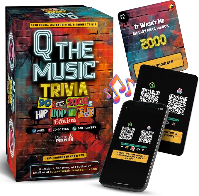 Q The Music Hip Hop & R&B Edition 90s & 2000s – Music Lyric Party Trivia Quiz Card Game for Adult and Family Game Nights, 2-10 Players, Scan, Listen to Hits, & Answer Trivia – Adult Games for Parties