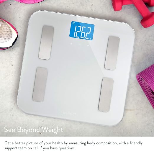 Greater Goods Body Fat Scale, Accurate Digital Weight and Health Metrics, Body Composition, and Weight Measurements, Glass Top, with Large Backlit Display (Silver)