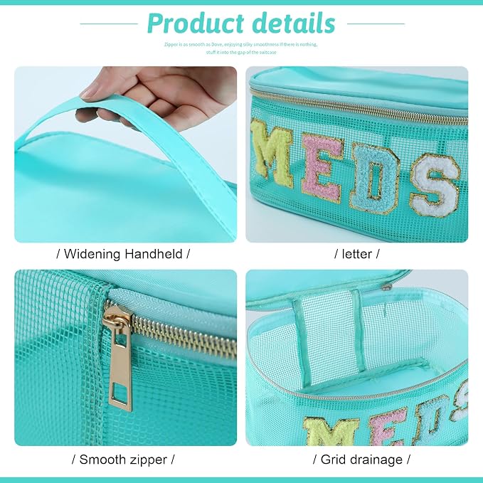 Medicine Bag, Portable Meds Bag with Chenille Letters, Breathable Mesh Makeup Bag Organizer for Travel, Pill Storage & Cosmetic Collection