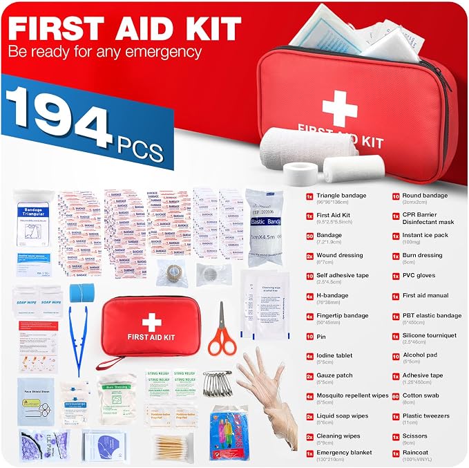 First Aid Kit for Home Car Travel 194 PCS Small Emergency Kit for Outdoors