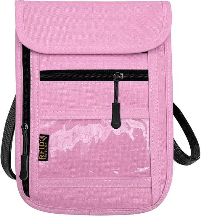 RFID Blocking Travel Neck Wallet Pouch and Passport Holder, Travel Neck Pouch Passport Holder for Women & Men - Pink