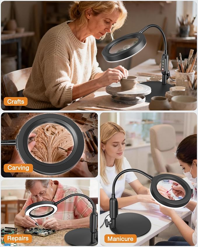 30X 10X Magnifying Glass with Light and Stand, 5 Color Modes Stepless Dimmable, Optical Grade HD Lens, LED Lighted Magnifier Hands Free with Flexible Gooseneck for Close Work, Craft, Hobby, Painting