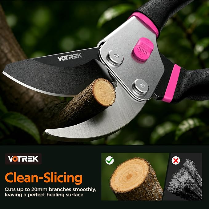 VOTREK® Bypass Pruning Shears, 8.5" Jam-Proof Spring Clippers for branches | Sharp & Anti-Rust SK5 Blade, Ergonomic Non-Slip Grip for Weak Hands, Garden Pruner for Heavy Duty Tree Trimming, Rose, Bonsai