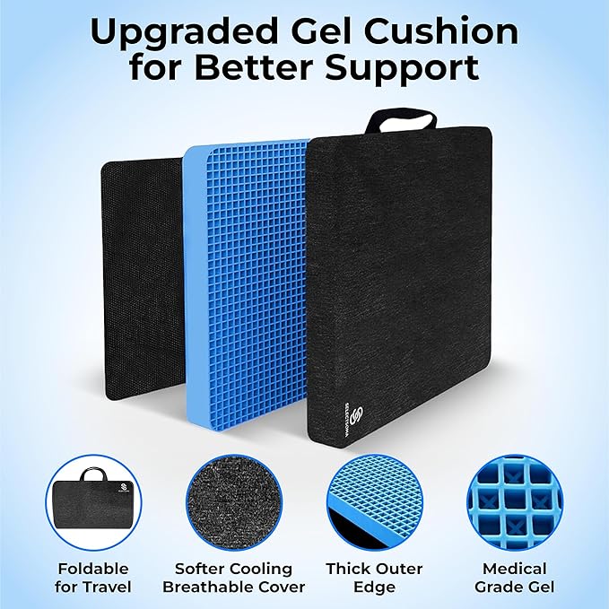 SelectSoma Gel Seat Cushion for Long Sitting, Pressure Relief for Sciatica, Tailbone, Coccyx & Back Pain, Office Chair, Wheelchair, Car & Truck – Travel with Handles Blue Gel
