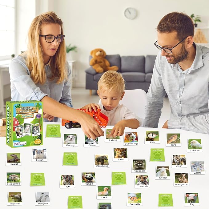 gisgfim 100 PCS Memory Matching Game Animal Babies Concentration Memory Card Educational Game for Kids Adults A Fun & Fast Baby Animals Game Toddlers Preschool Family Board Gift Matching Games