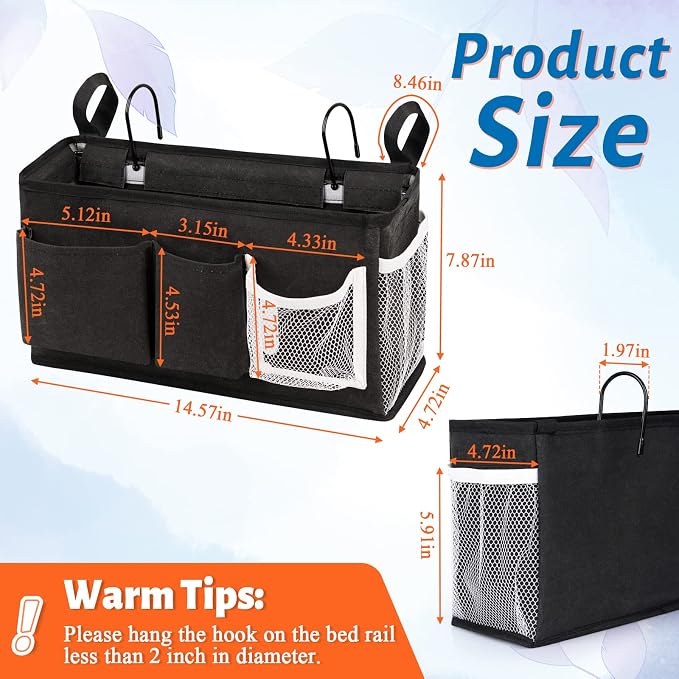 Bedside Caddy, Bedside Storage Bag Hanging Organizer for Bunk Dorm Bed Rail | Bed Caddy with Hooks, Top Bunks and Dorm Essentials for Water, Tissues, Tablets, Books, Phones, Remotes and Other Necessories