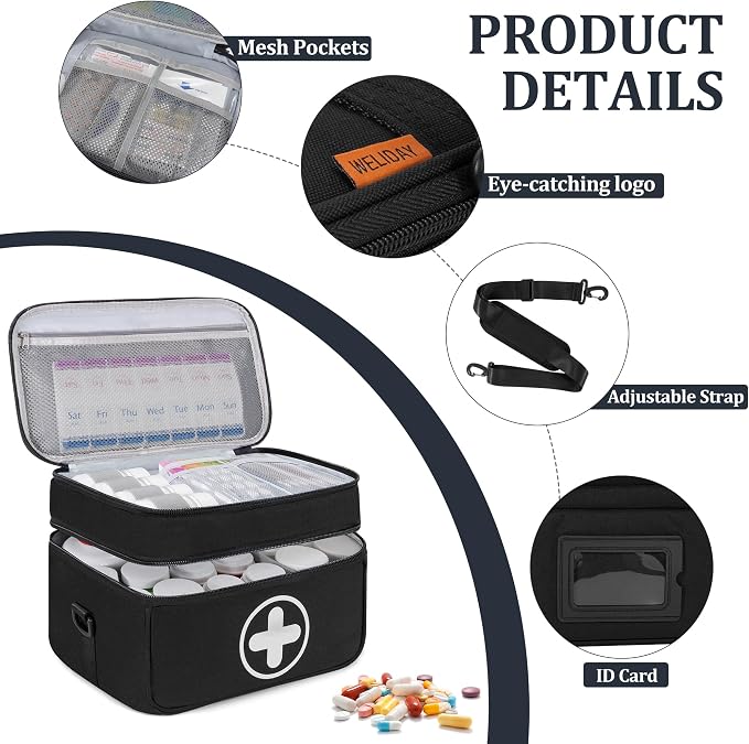 Medicine Storage Bag, 2 Layer Pill Bottle Organizer Storage Bag Empty, Lockable Medical Travel Bag with Adjustable Divider, Suitable for Pills, Vitamins, Fish Oil,Medical Supplies
