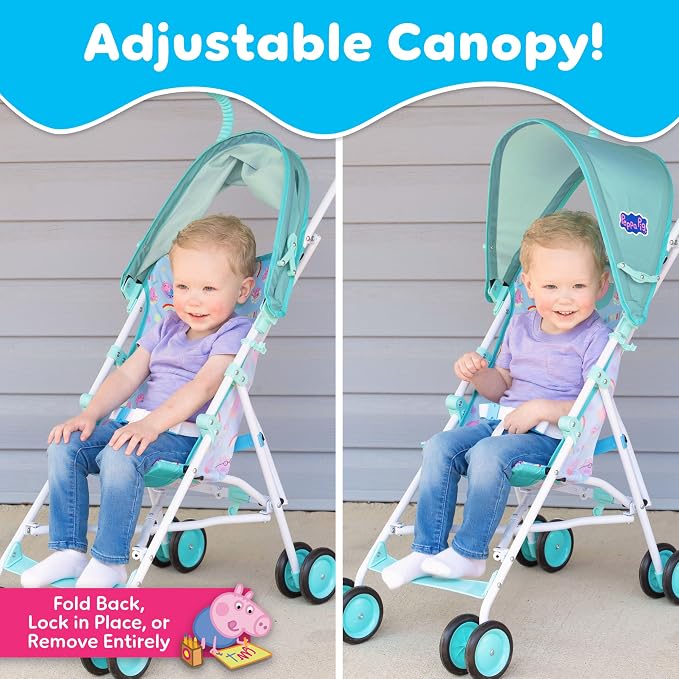 Peppa Pig Umbrella Stroller for Toddlers, Lightweight Foldable Travel Stroller with 3-Point Harness, Locking Wheels, Adjustable Canopy, Compact & Portable