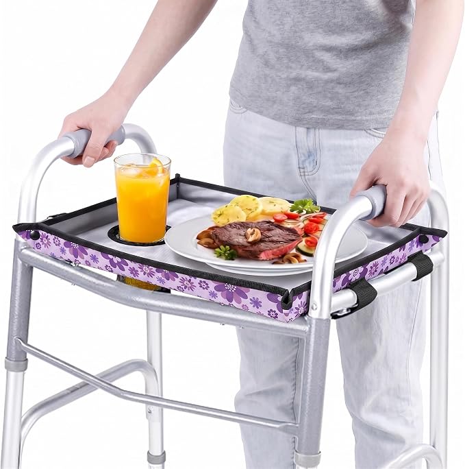 Walker Tray for Folding Walker with Cup Holder, Detachable Tray for Walker, Walker Accessories for Senior with Non-Slip Mat, Universal Fit for Meals, Drinks, Reading,Laptop (Purple)