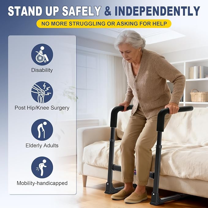 Couch Stand Assist for Elderly Seniors, Adjustable Height & Width, Black | Non-slip handles for secure grip. Supports 400 lbs. Heavy duty frame. Use on couch, chair & low seats.