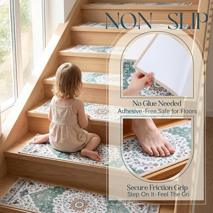Dunzy 15 Pcs Non-slip Stair Treads for Wooden Steps 30x8 Inch, Peel and Stick Chenille Carpet Treads, Vintage Floral Medallion Print Stair Rug, Residue-free Adhesive, Machine Washable for Seniors Pets