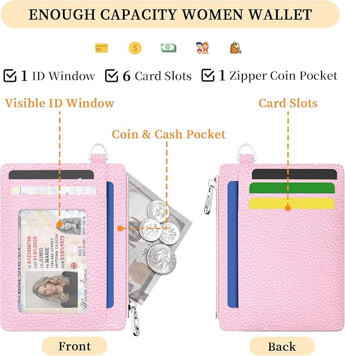 Hancynir Minimalist Slim Wallet Women Credit Card Holder, RFID Small Cute | Zipper Pocket Wallet, Thin Travel Coin Purse, Ladies Women Gifts, Key Chain Card Case, 6 Card Slots, ID Window, PU Leather