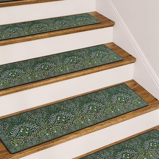 OJIA Stair Treads Non-Slip Stair Runners for Wooden Steps Indoor 4PC 30"x8" | Floral Carpet Stair Treads Stair Mats Staircase Step Treads for Kids, Elders and Dogs, Stair Covers, Green