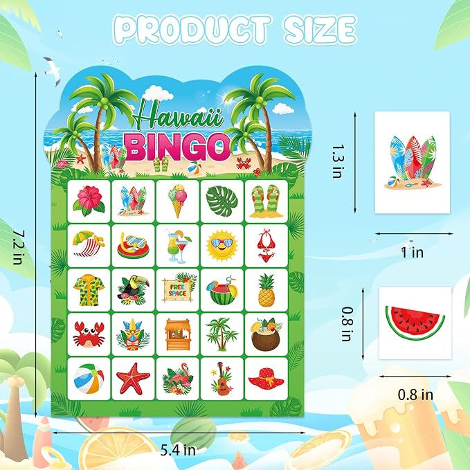 Summer Bingo Game Cards, 24 Players Tropical Hawaiian Bingo Cards for School Classroom Family Activities Summer Party Favors Supplies