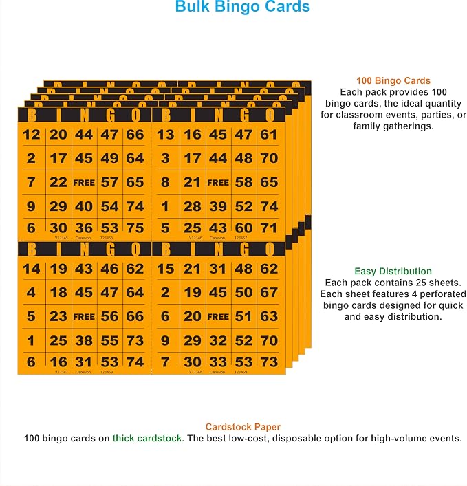 100 Bingo Cards, Large 4.5 x 4.5 Inch, Orange, Paper Bingo Sheets | 8 Color Options, Premium Cardstock, Disposable with Daubers or Reusable with Chips — Proudly Made in USA