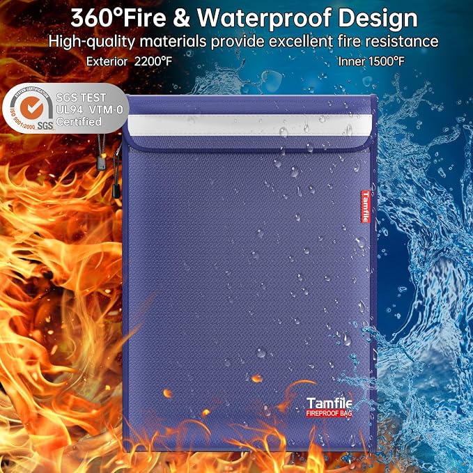 6400℉ Fireproof Document Bag, 15”x 11” Waterproof Document Organizer, Blue | Fireproof Money Bag, 2 Pockets,Safe Important Document Organizer for A4 A5 Legal Letter Size, Valuables, Legal Documents