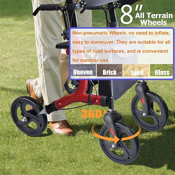 Aliseniors Upright Walker, Stand Up Rollator Walker with Seat, Foldable 4 Wheel Rolling Walker, Medical Aluminum Walkers for Seniors, Adjustable Padded Armrests, 8" Wheels, Supports 300lbs, Red