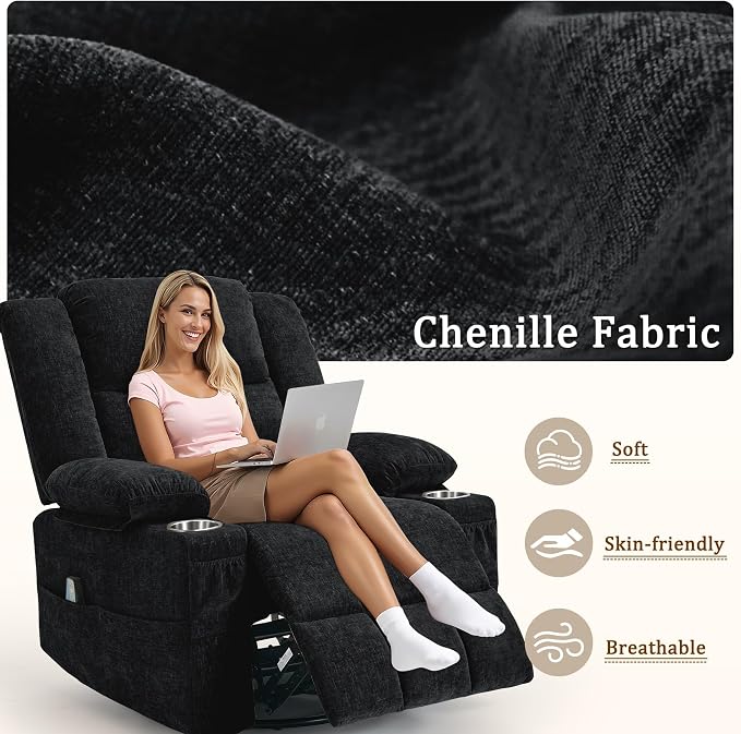 Korser 360° Swivel Rocker Recliner for Adult, Nursery Glider Recliners with Massage & Heating, Rocking Chair with Cup Holder, Manual Recliner Chair for Living Room, Bedroom (Black)