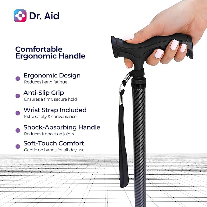 Dr. Aid Tripod and fourpod Walking Cane for Men & Women Premium Carbon Fiber Black Cane Adjustable Heavy-Duty 3 or 4-pronged Walking Stick for Seniors, Supports 400 lbs